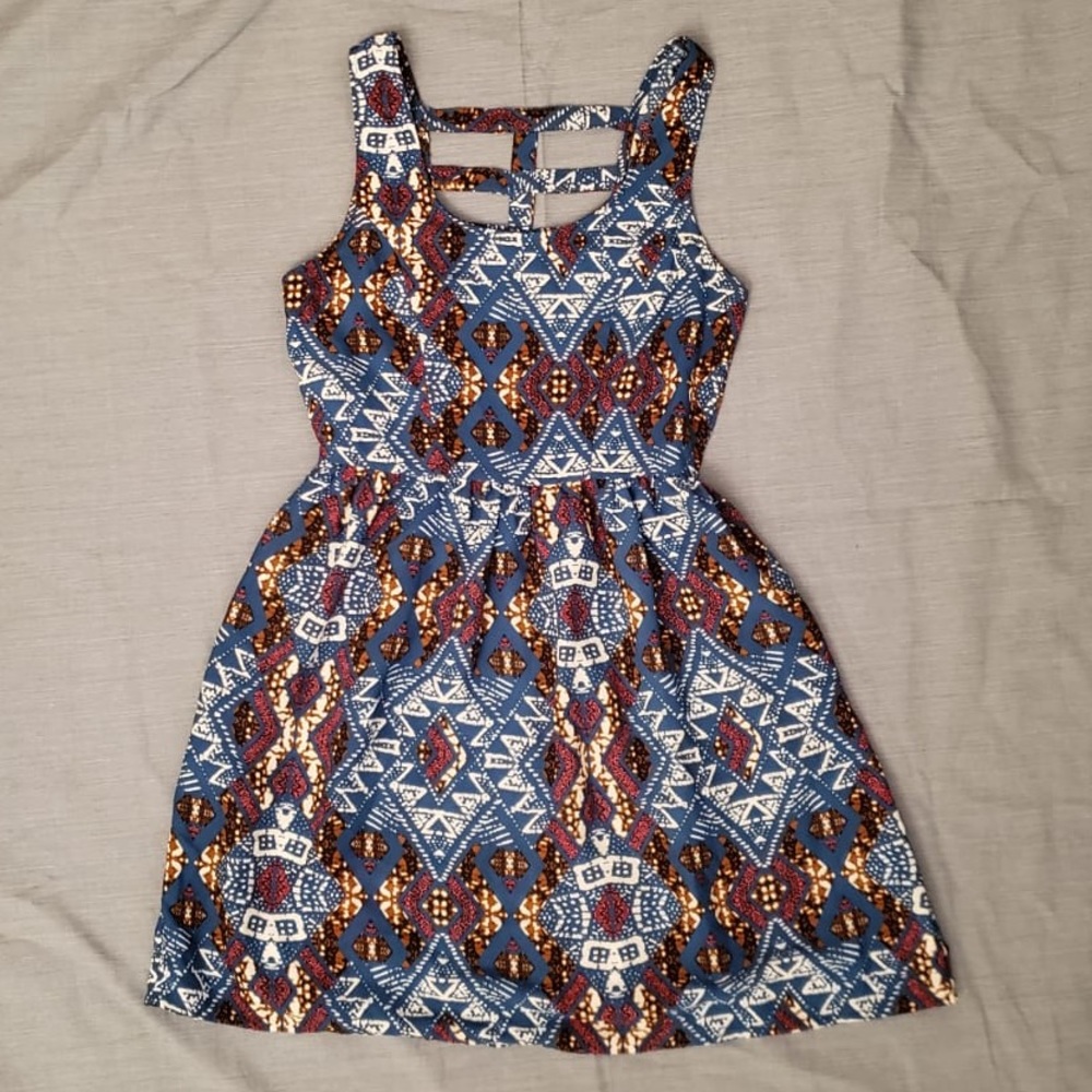 Blue, Red, and Gold Geometric Pattern Dress